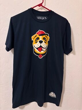 Baseballism navy blue bulldog graphic tee with red cap and collar, size M. Poly